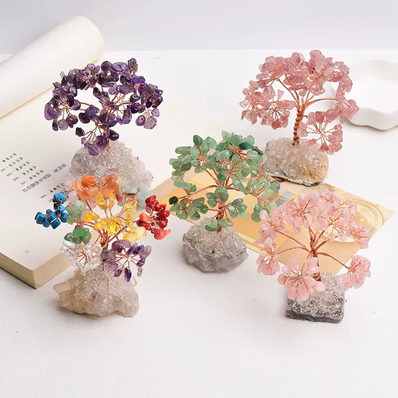 1PC Natural Stone Amethyst Rose Quartz Tree of Life Rock Mineral Geomancy Reiki Healing Home Decor DIY Crafts Gift Decoration