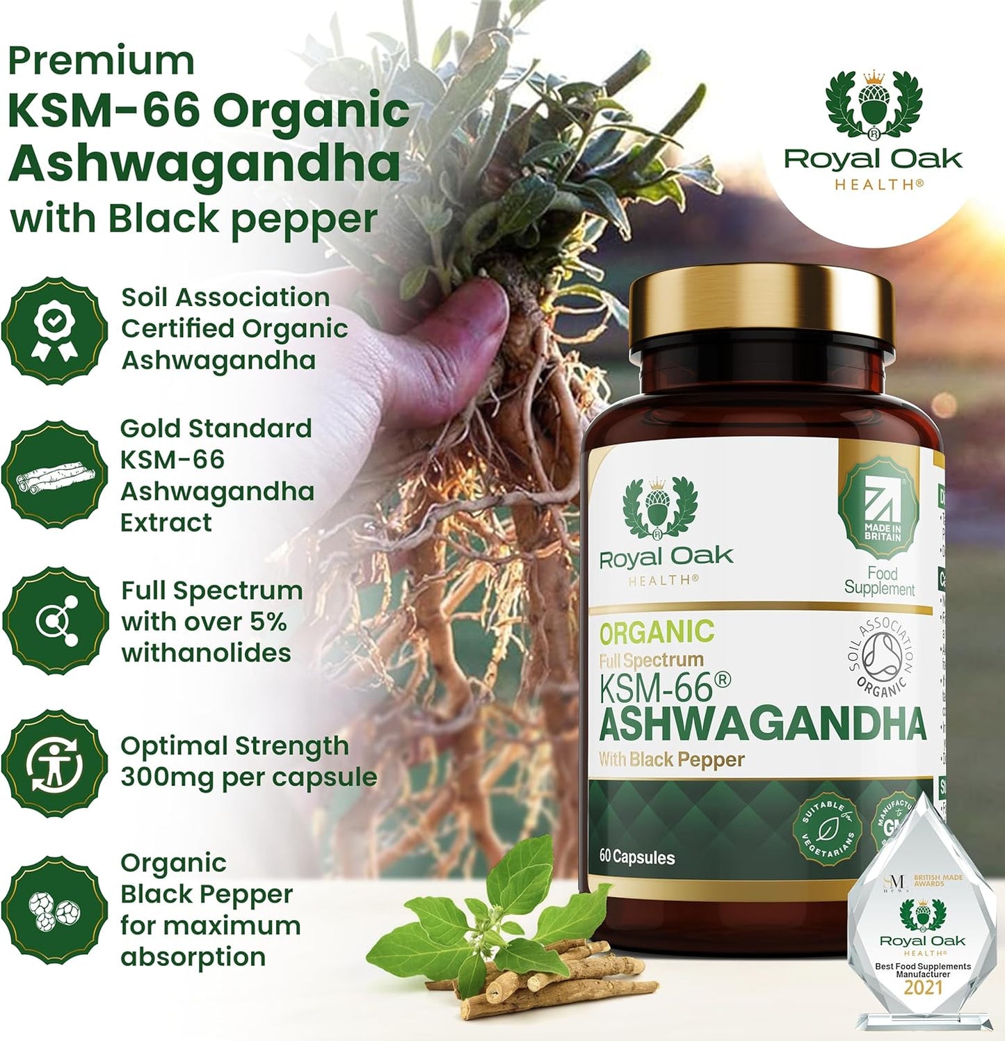 Organic High Concentration Full Spectrum KSM-66 ASHWAGANDHA with 5% Withanolides and Black Pepper, Made in Britain by , 60 Capsules