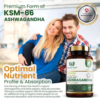 Organic High Concentration Full Spectrum KSM-66 ASHWAGANDHA with 5% Withanolides and Black Pepper, Made in Britain by , 60 Capsules