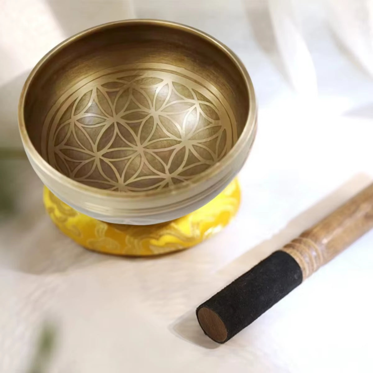 Tibetan Singing Bowl Set Flower of Life Unique Gift Helpful for Meditation Yoga Stress Relief Prayer and Mindfulness