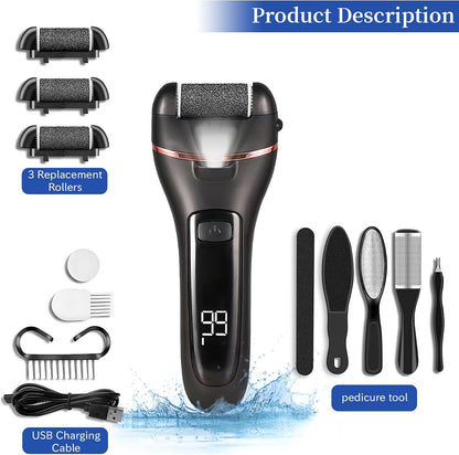 Electric Foot File, 16 in 1 Hard Skin Remover for Feet, Waterproof Foot Scrub Callus Remover with 3 Replacement Rollers, LCD Display, Rechargeable Professional Pedicure Set Scrubber Care Kit