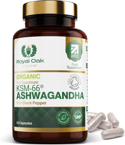 Organic High Concentration Full Spectrum KSM-66 ASHWAGANDHA with 5% Withanolides and Black Pepper, Made in Britain by , 60 Capsules