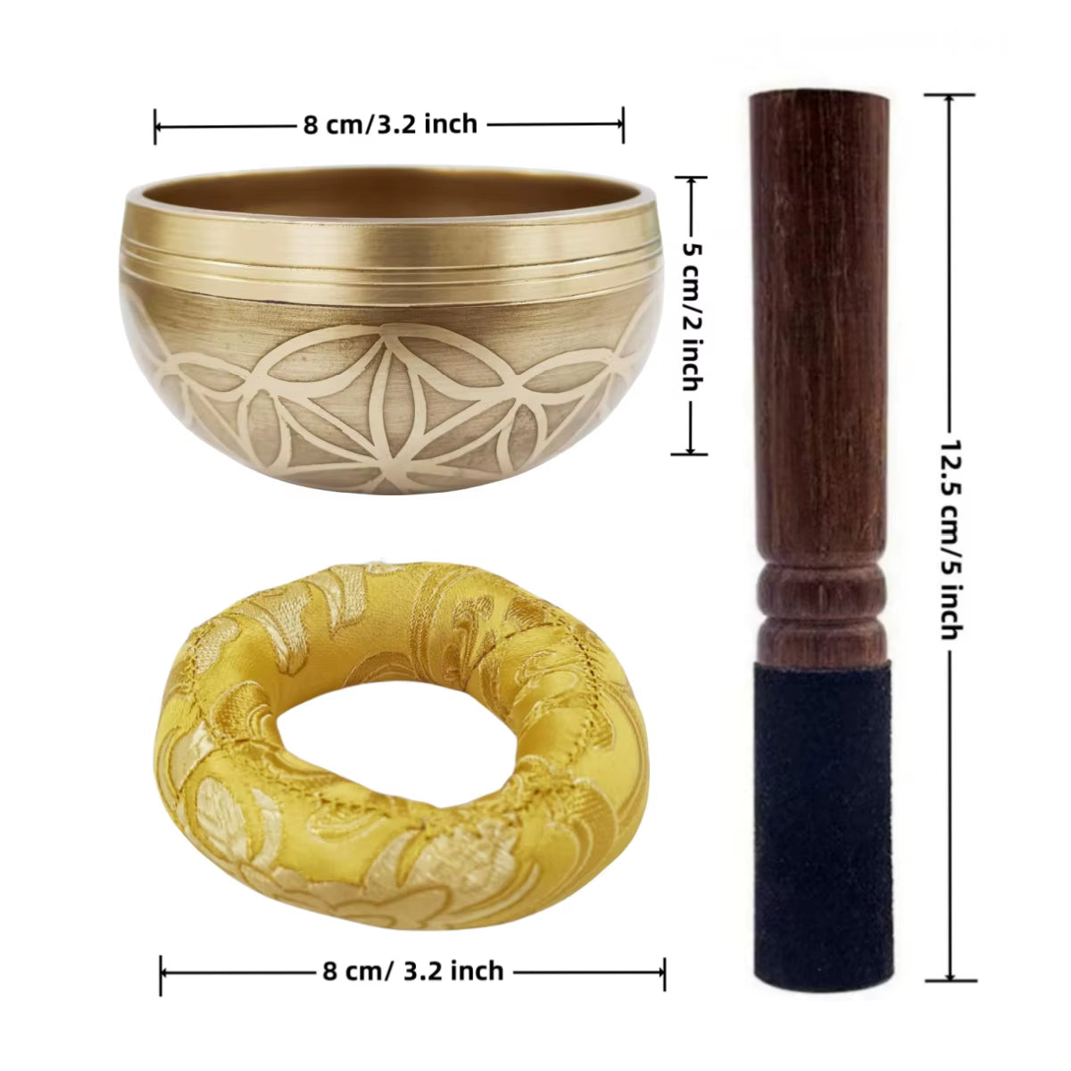 Tibetan Singing Bowl Set Flower of Life Unique Gift Helpful for Meditation Yoga Stress Relief Prayer and Mindfulness